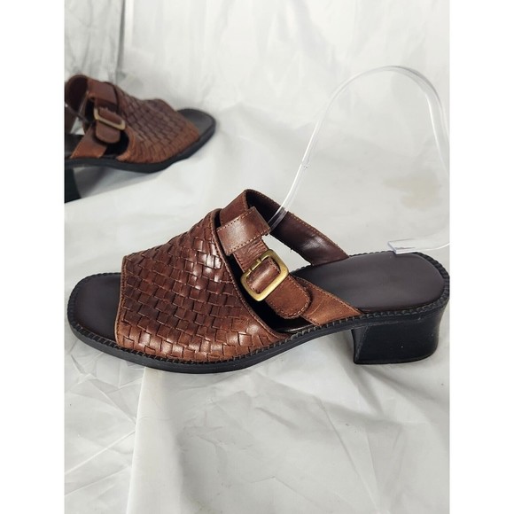 Square Heel Open Toe Leather Woven Upper Shoes Women’s Size 8.5‎ Brown Buckle - Picture 6 of 14